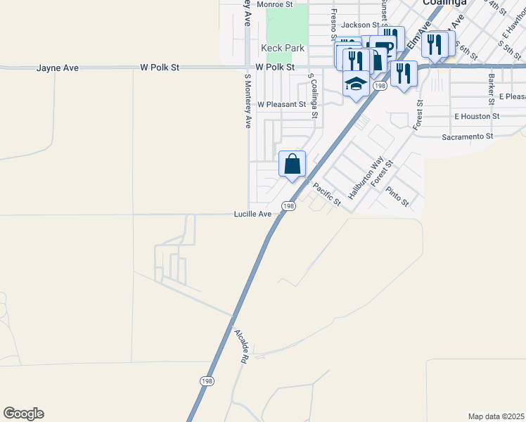 map of restaurants, bars, coffee shops, grocery stores, and more near 654 Lucille Avenue in Coalinga