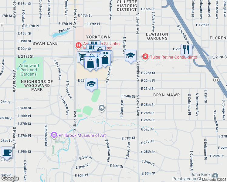 map of restaurants, bars, coffee shops, grocery stores, and more near 2124 East 23rd Street in Tulsa