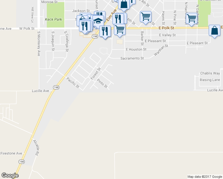 map of restaurants, bars, coffee shops, grocery stores, and more near 161 Pinto Street in Coalinga
