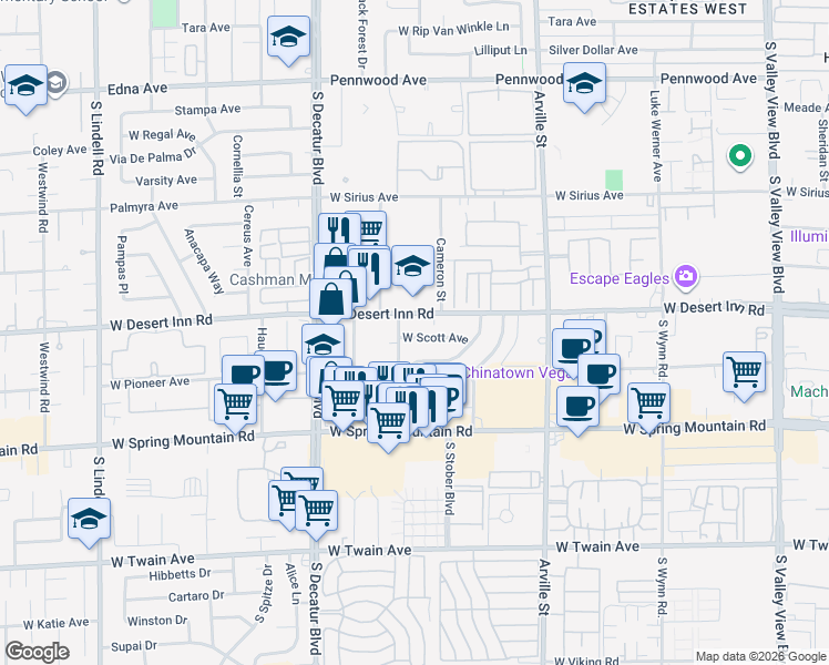 map of restaurants, bars, coffee shops, grocery stores, and more near 4627 West Scott Avenue in Las Vegas