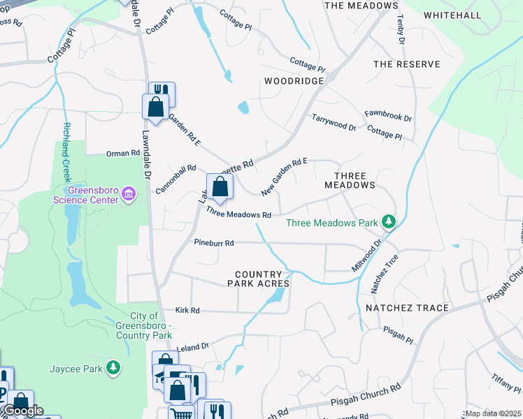 map of restaurants, bars, coffee shops, grocery stores, and more near 2106 Three Meadows Road in Greensboro
