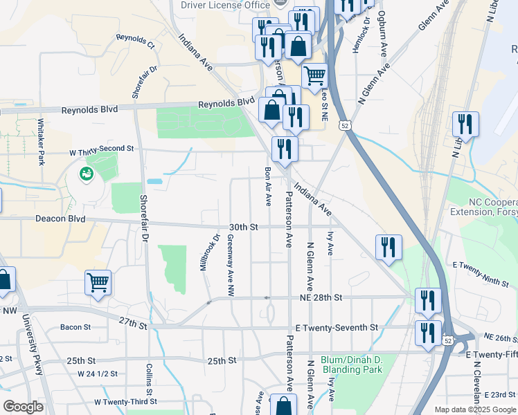 map of restaurants, bars, coffee shops, grocery stores, and more near 3015 Gilmer Avenue Northeast in Winston-Salem