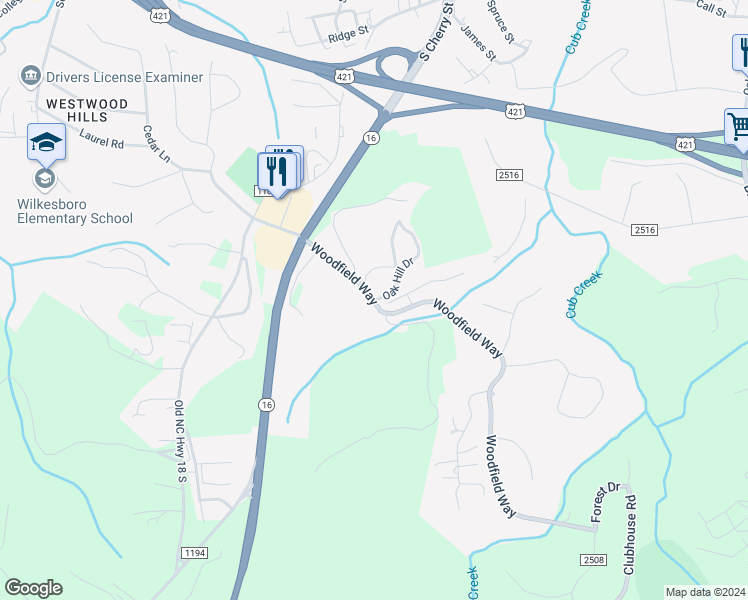 map of restaurants, bars, coffee shops, grocery stores, and more near 1500 Ivy Trce in Wilkesboro