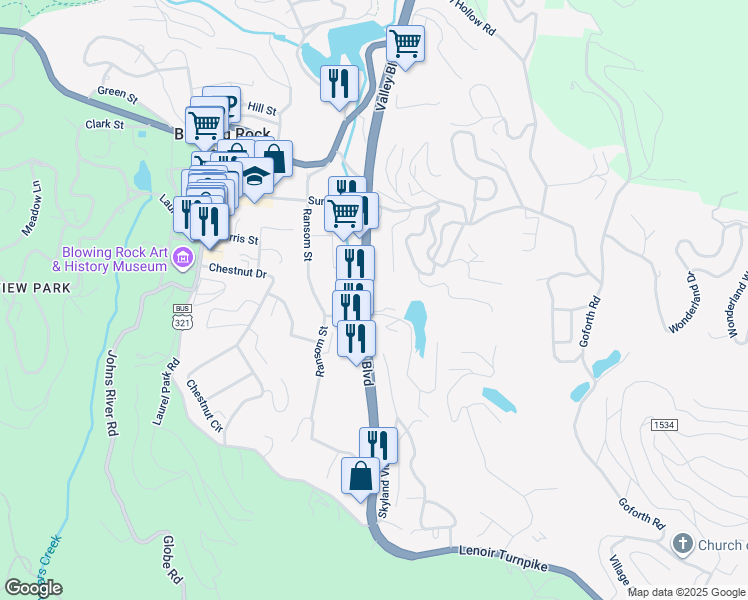 map of restaurants, bars, coffee shops, grocery stores, and more near 141 Clary Court in Blowing Rock