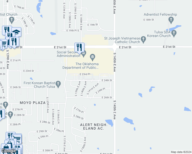 map of restaurants, bars, coffee shops, grocery stores, and more near 14041 East 24th Street in Tulsa