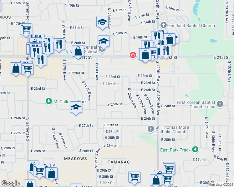 map of restaurants, bars, coffee shops, grocery stores, and more near 2420 South 123rd East Avenue in Tulsa