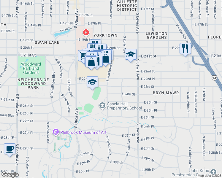 map of restaurants, bars, coffee shops, grocery stores, and more near 2105 E 24th St in Tulsa