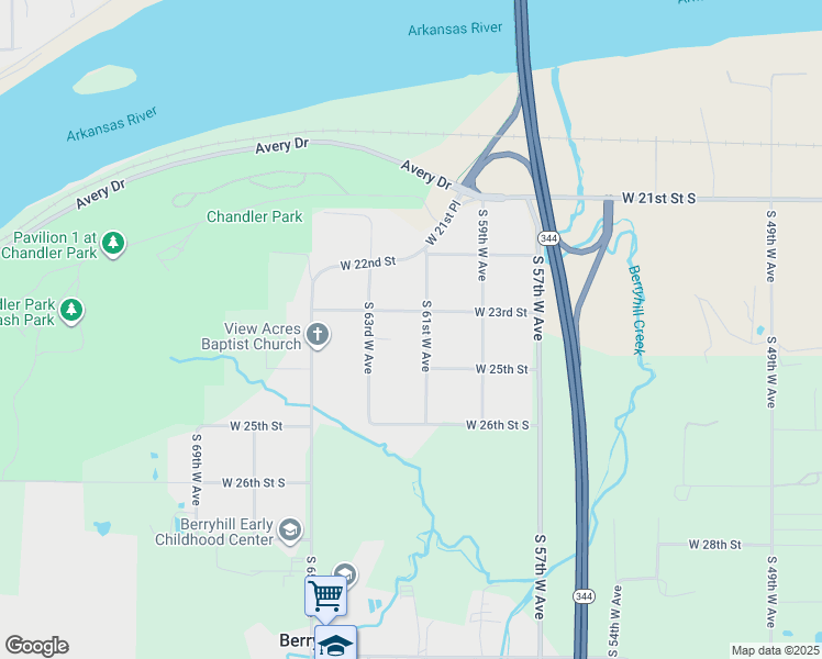 map of restaurants, bars, coffee shops, grocery stores, and more near 2324 South 61st West Avenue in Tulsa