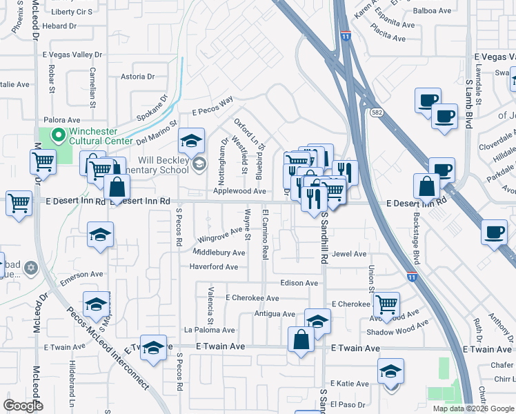 map of restaurants, bars, coffee shops, grocery stores, and more near 3313 El Camino Real in Las Vegas