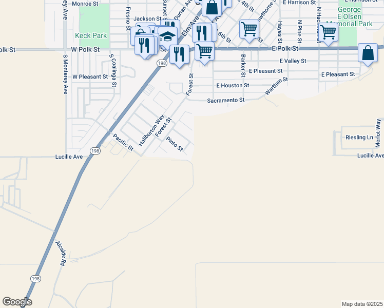 map of restaurants, bars, coffee shops, grocery stores, and more near 161 Pinto Street in Coalinga