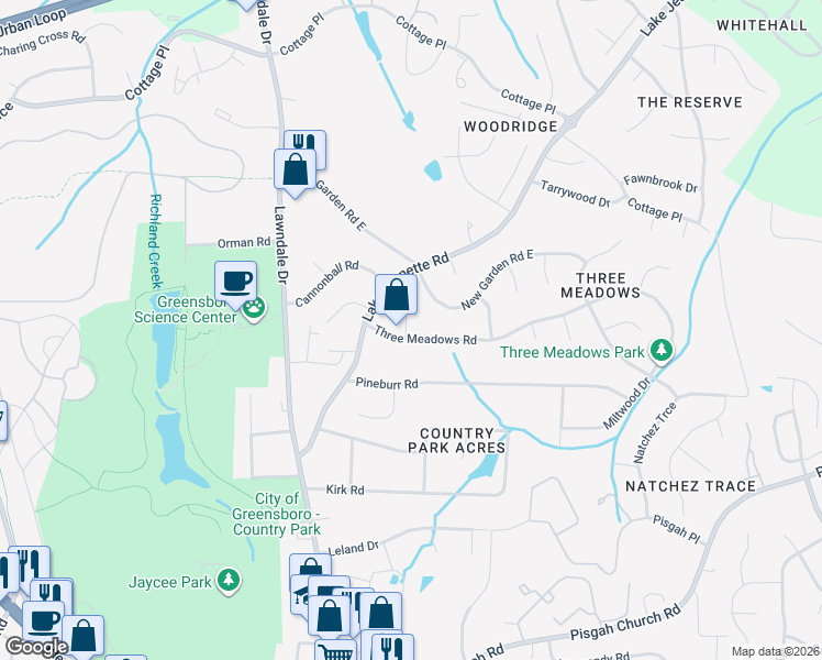 map of restaurants, bars, coffee shops, grocery stores, and more near 2123 Three Meadows Road in Greensboro
