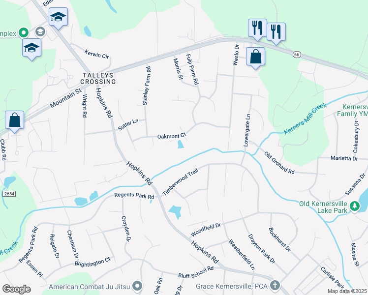 map of restaurants, bars, coffee shops, grocery stores, and more near 521 Hopkins Road in Kernersville