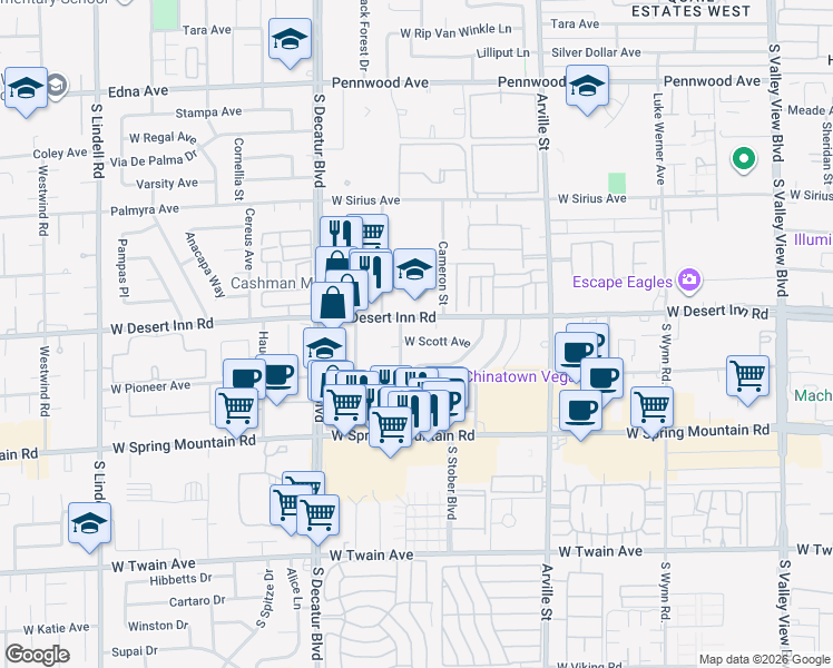 map of restaurants, bars, coffee shops, grocery stores, and more near 4627 West Scott Avenue in Las Vegas