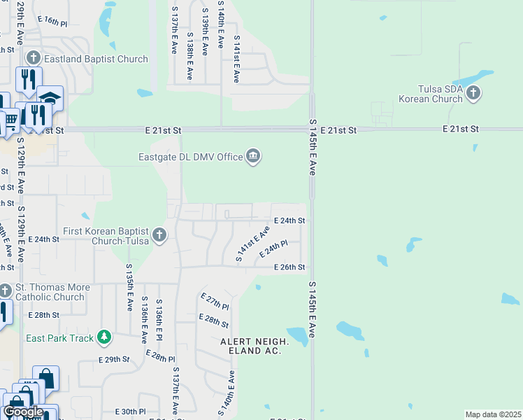 map of restaurants, bars, coffee shops, grocery stores, and more near 14041 East 24th Street in Tulsa
