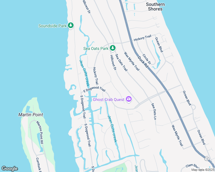 map of restaurants, bars, coffee shops, grocery stores, and more near 227 Woodland Drive in Kitty Hawk