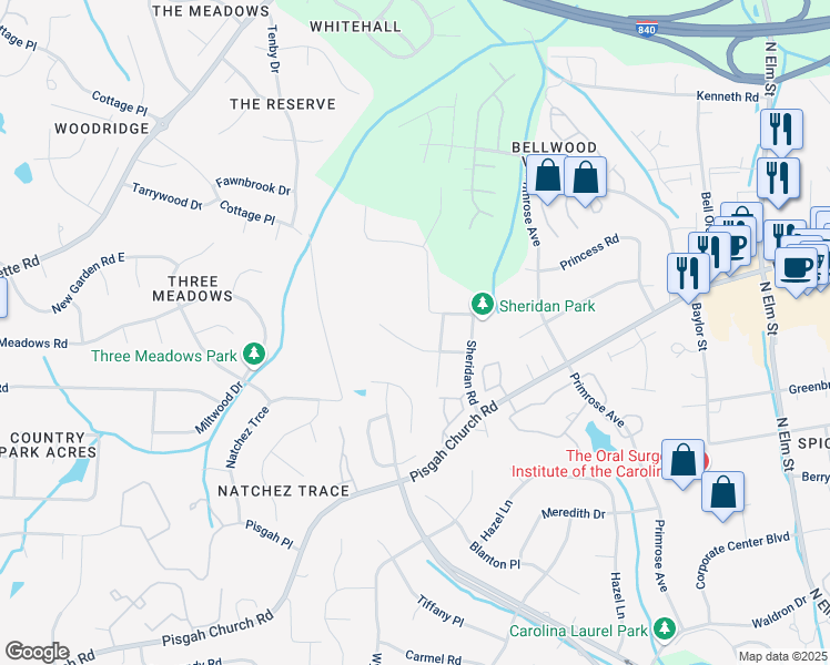 map of restaurants, bars, coffee shops, grocery stores, and more near 4003 Merton Road in Greensboro