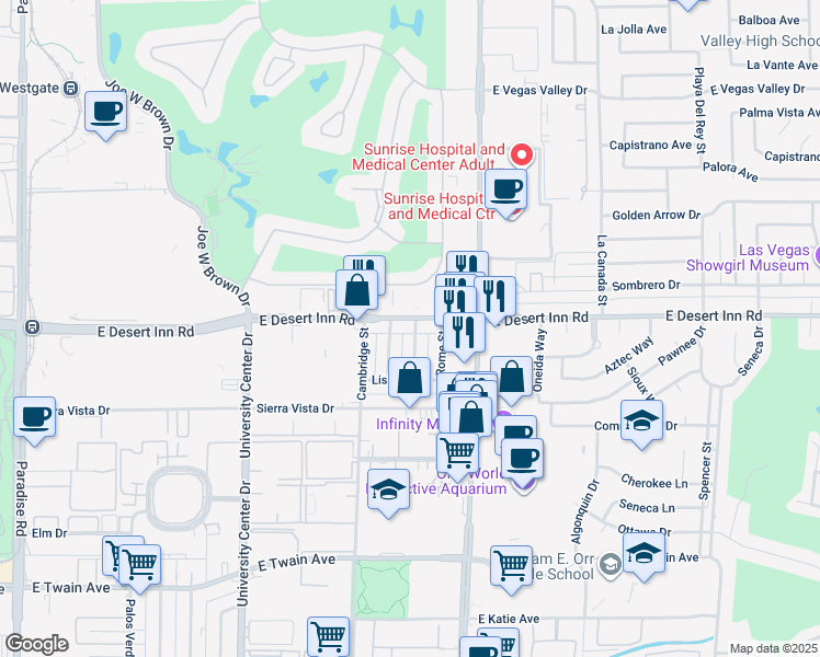 map of restaurants, bars, coffee shops, grocery stores, and more near 1089 East Desert Inn Road in Las Vegas