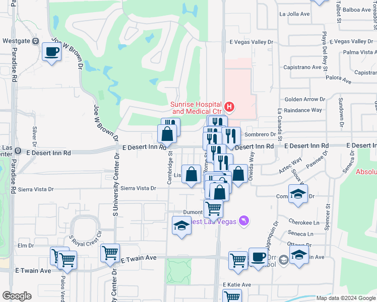 map of restaurants, bars, coffee shops, grocery stores, and more near 1075 East Desert Inn Road in Las Vegas