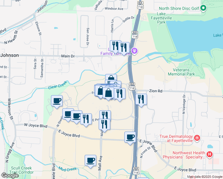map of restaurants, bars, coffee shops, grocery stores, and more near 4201 North Shiloh Drive in Fayetteville
