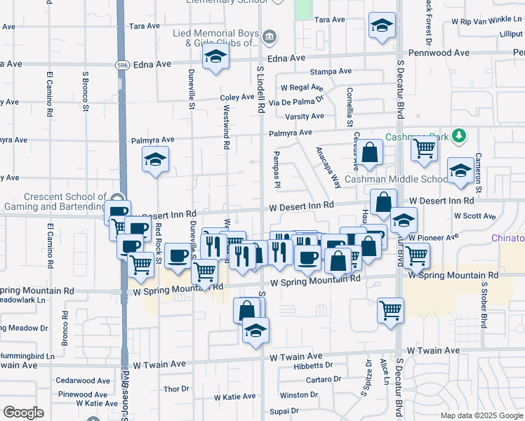 map of restaurants, bars, coffee shops, grocery stores, and more near W Desert Inn Rd & Lindell Rd in Spring Valley
