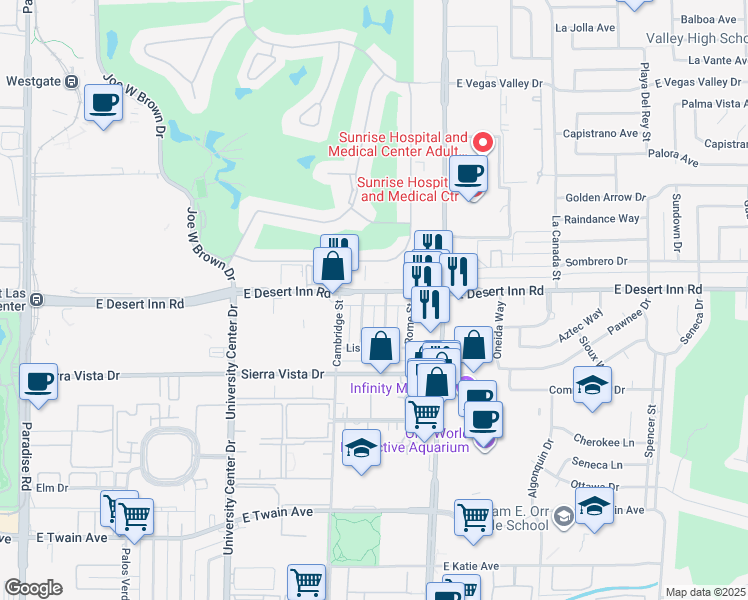 map of restaurants, bars, coffee shops, grocery stores, and more near 1075 East Desert Inn Road in Las Vegas