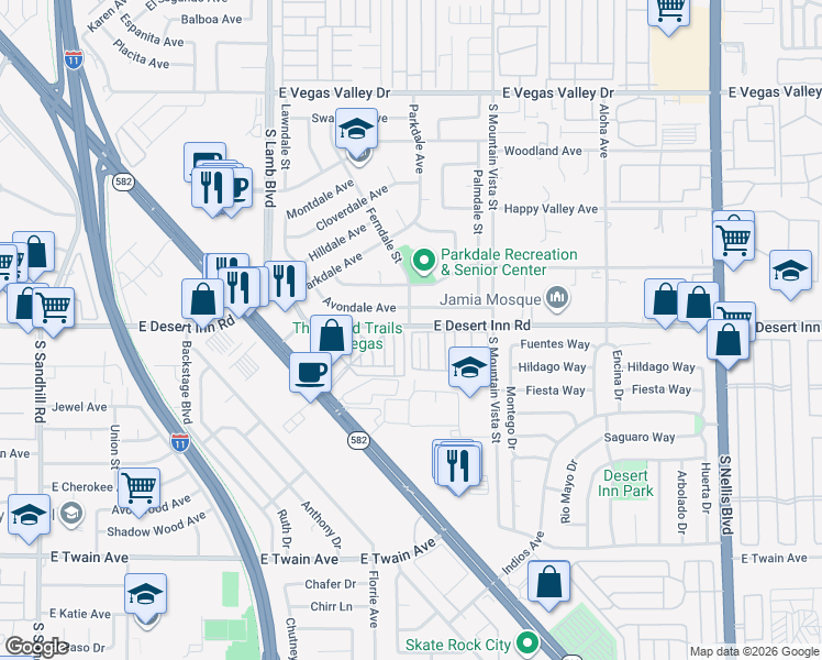 map of restaurants, bars, coffee shops, grocery stores, and more near 4505 East Desert Inn Road in Las Vegas