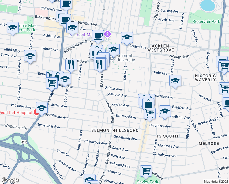 map of restaurants, bars, coffee shops, grocery stores, and more near 1523 Ashwood Avenue in Nashville