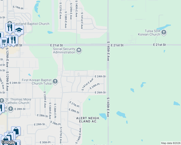 map of restaurants, bars, coffee shops, grocery stores, and more near 14041 East 24th Street in Tulsa