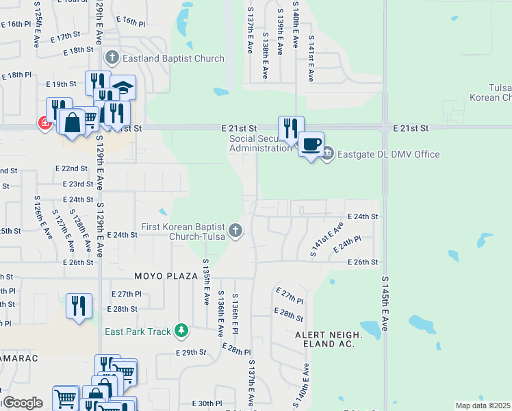 map of restaurants, bars, coffee shops, grocery stores, and more near 13709 East 24th Street in Tulsa