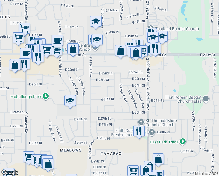 map of restaurants, bars, coffee shops, grocery stores, and more near 2420 South 123rd East Avenue in Tulsa