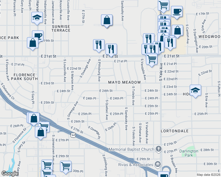 map of restaurants, bars, coffee shops, grocery stores, and more near 4218 East 24th Street in Tulsa