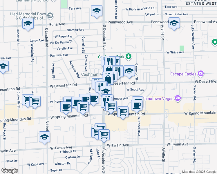 map of restaurants, bars, coffee shops, grocery stores, and more near 3360 South Decatur Boulevard in Las Vegas