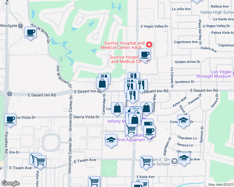 map of restaurants, bars, coffee shops, grocery stores, and more near 1089 East Desert Inn Road in Las Vegas