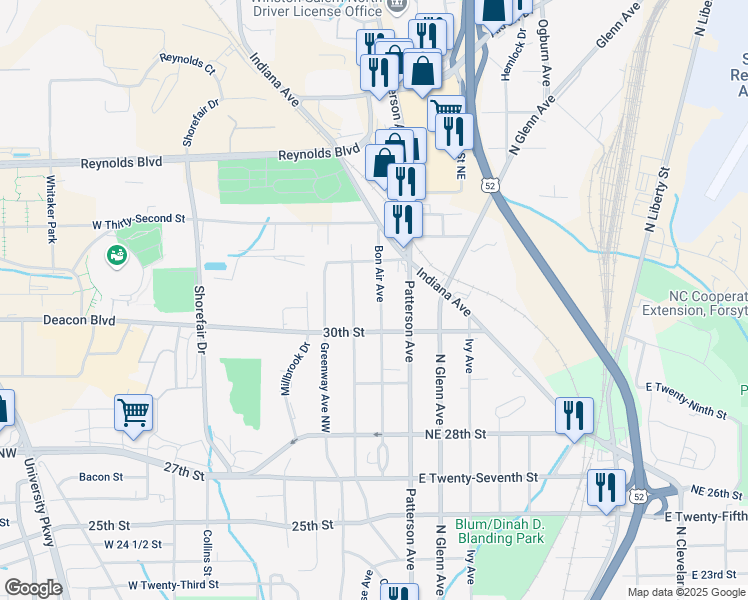 map of restaurants, bars, coffee shops, grocery stores, and more near 3015 Gilmer Avenue Northeast in Winston-Salem