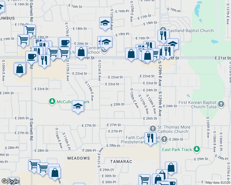 map of restaurants, bars, coffee shops, grocery stores, and more near 2406 South 123rd East Avenue in Tulsa