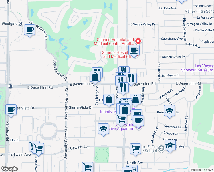 map of restaurants, bars, coffee shops, grocery stores, and more near 1075 East Desert Inn Road in Las Vegas