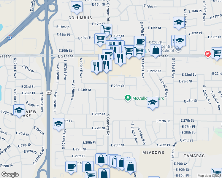 map of restaurants, bars, coffee shops, grocery stores, and more near 11310 East 23rd Street in Tulsa