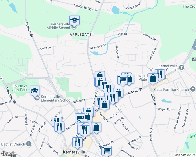 map of restaurants, bars, coffee shops, grocery stores, and more near 576 Piney Grove Road in Kernersville