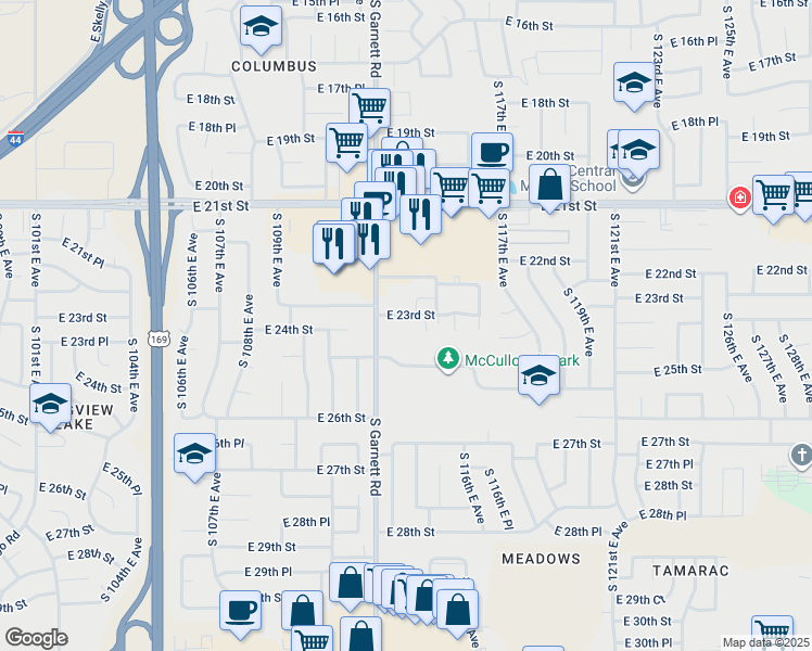 map of restaurants, bars, coffee shops, grocery stores, and more near 11322 East 23rd Street in Tulsa