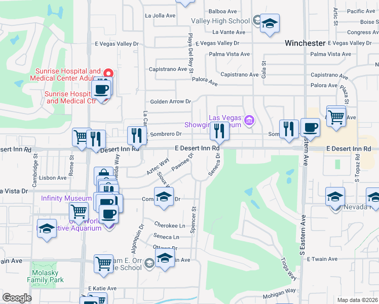 map of restaurants, bars, coffee shops, grocery stores, and more near 3342 Pawnee Drive in Las Vegas