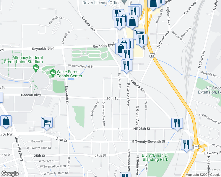 map of restaurants, bars, coffee shops, grocery stores, and more near 3015 Gilmer Avenue Northeast in Winston-Salem