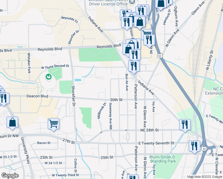 map of restaurants, bars, coffee shops, grocery stores, and more near 3014 Greenway Avenue Northwest in Winston-Salem