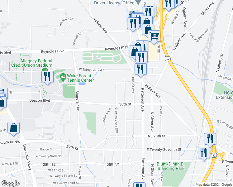 map of restaurants, bars, coffee shops, grocery stores, and more near 3014 Greenway Avenue Northwest in Winston-Salem