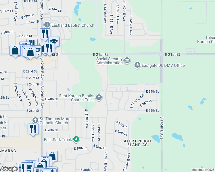 map of restaurants, bars, coffee shops, grocery stores, and more near 13709 East 24th Street in Tulsa