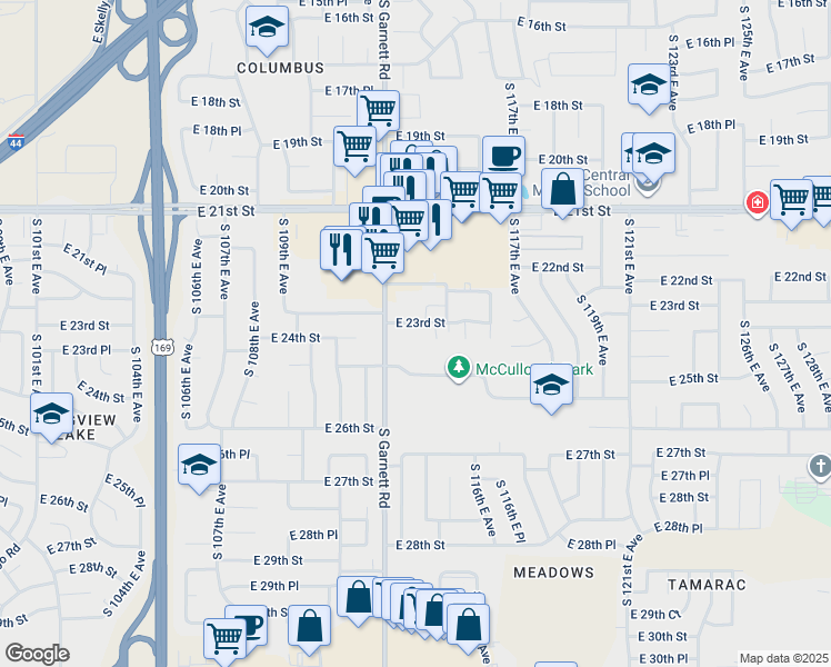 map of restaurants, bars, coffee shops, grocery stores, and more near 11322 East 23rd Street in Tulsa