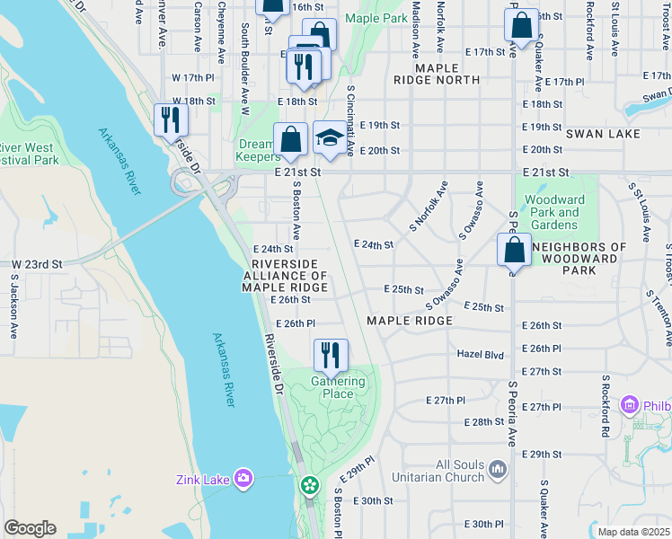 map of restaurants, bars, coffee shops, grocery stores, and more near 2446 South Cincinnati Avenue in Tulsa