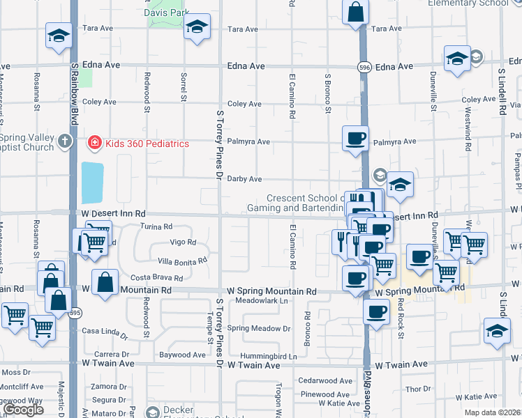 map of restaurants, bars, coffee shops, grocery stores, and more near 6384 West Desert Inn Road in Las Vegas