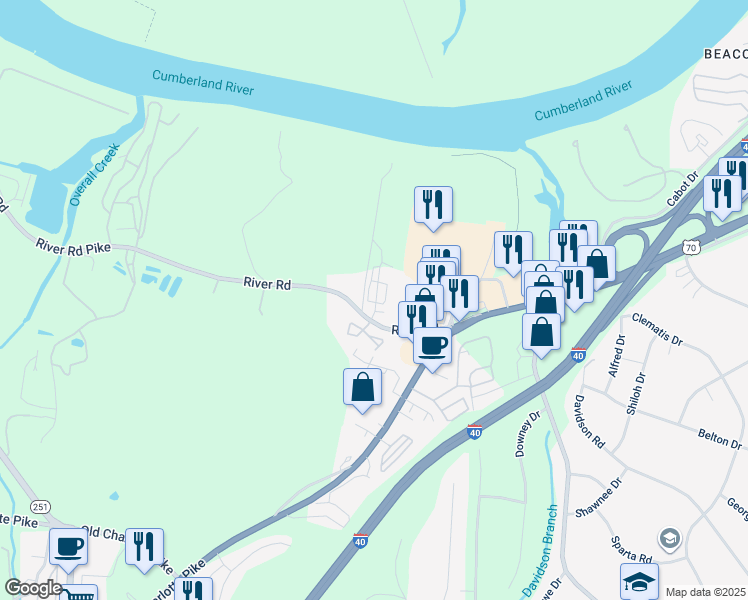map of restaurants, bars, coffee shops, grocery stores, and more near 5754 River Road in Nashville