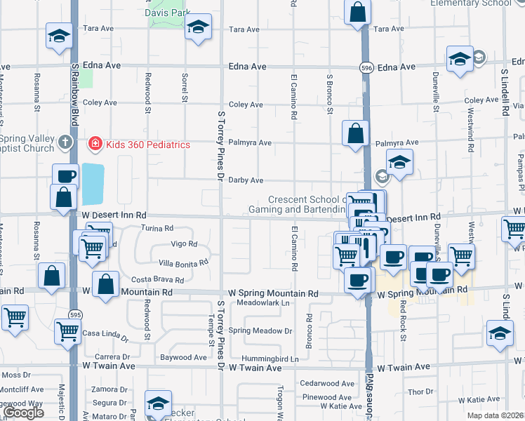 map of restaurants, bars, coffee shops, grocery stores, and more near 6384 West Desert Inn Road in Las Vegas