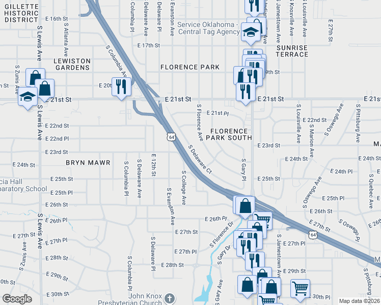 map of restaurants, bars, coffee shops, grocery stores, and more near 2324 South College Avenue in Tulsa